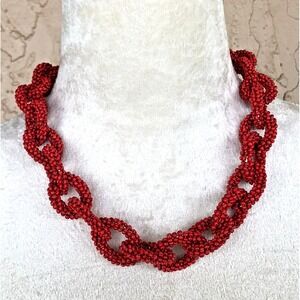 Talbots Red Seed Beaded Chunky Statement Necklace Gold Tone Rings Links Taggle